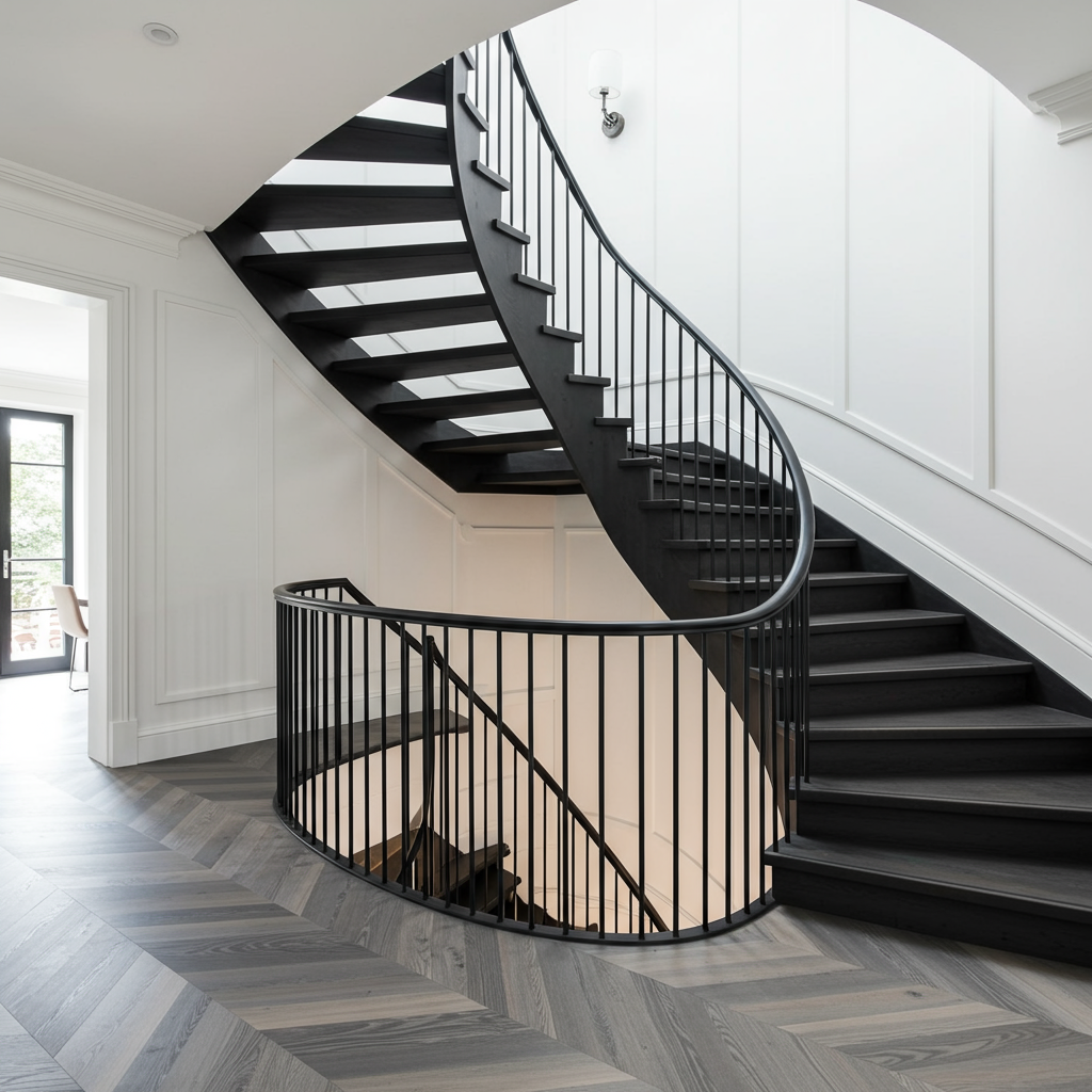 Dark chevron wood floor installed around a curved staircase