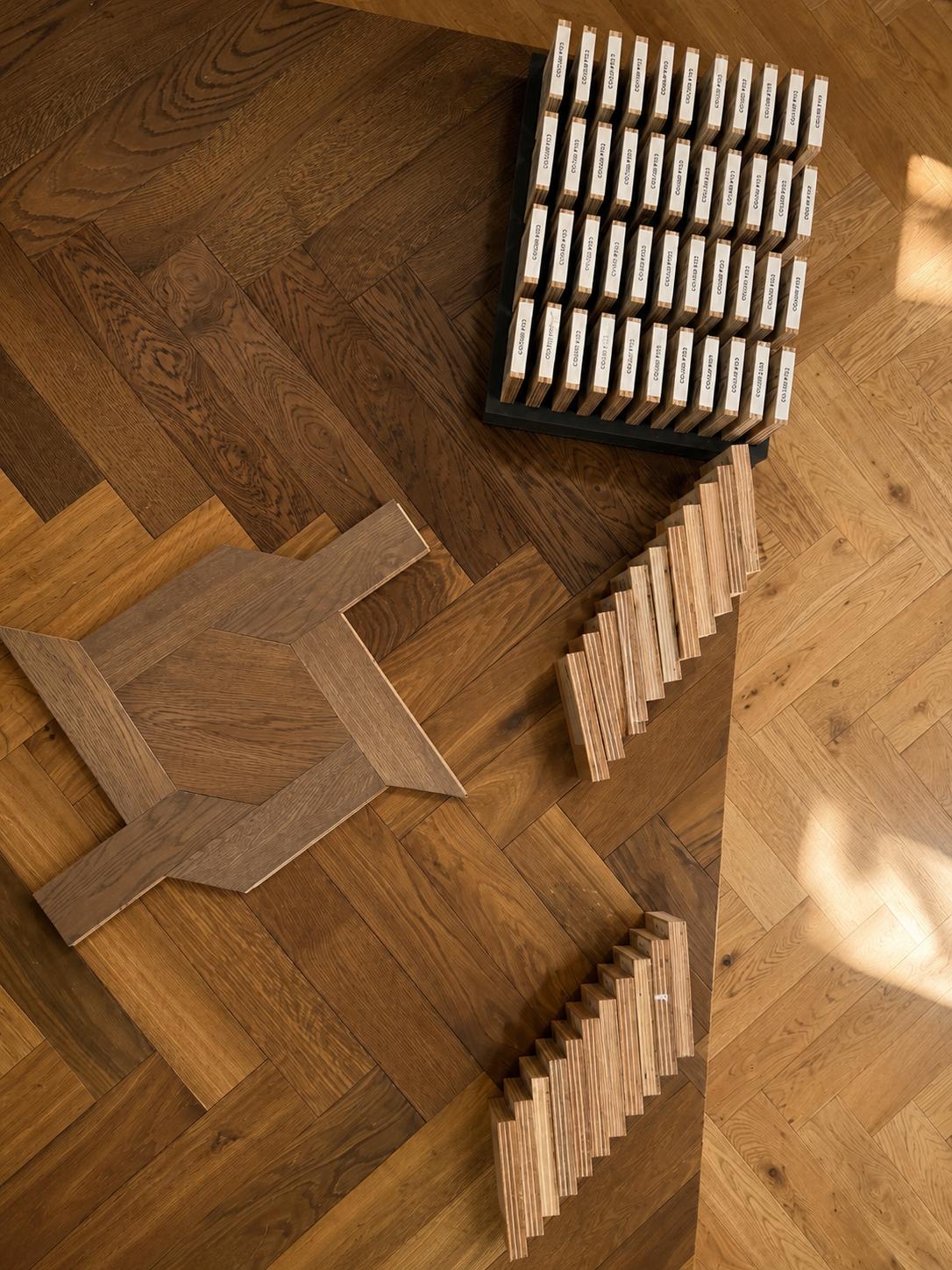 Wood flooring boards and finish samples arranged in the Timberzone showroom